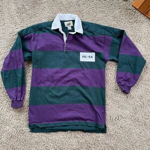 VTG 90s Field Gear Rugby Polo Shirt Green Purple Stripe Heavy Cotton S